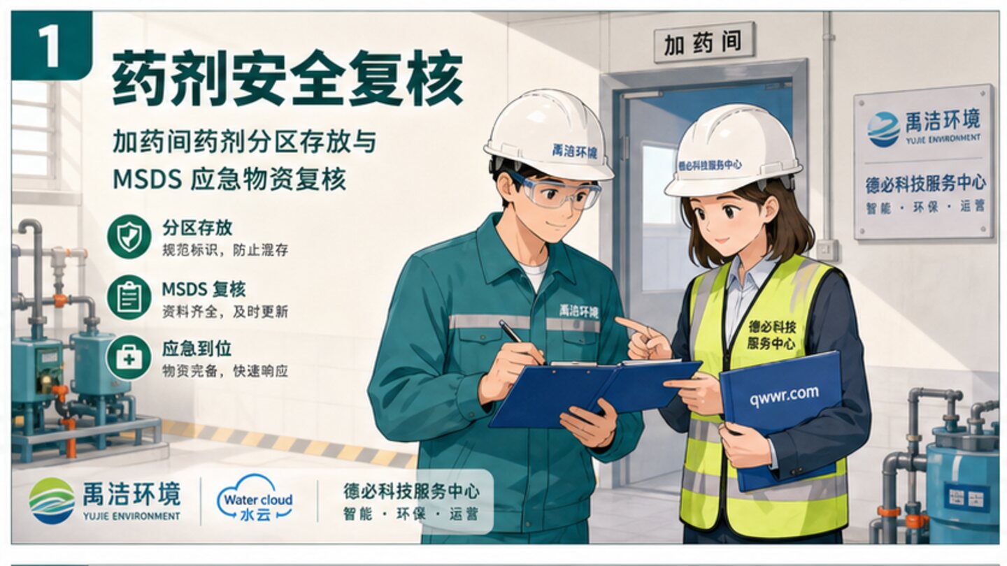 加药间药剂分区存放与 MSDS 应急物资复核示意图