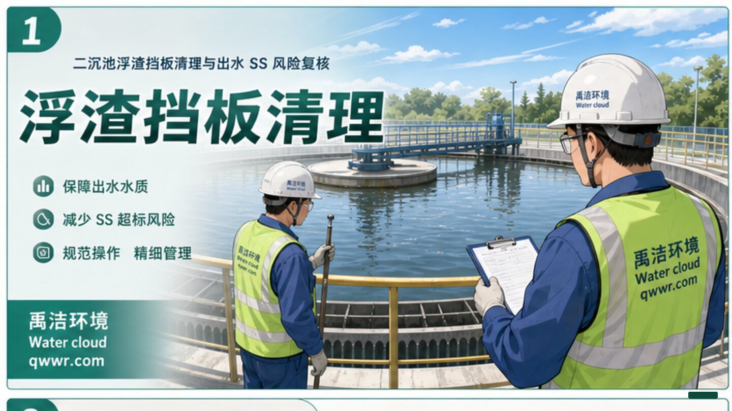 二沉池浮渣挡板清理与出水 SS 风险复核示意图