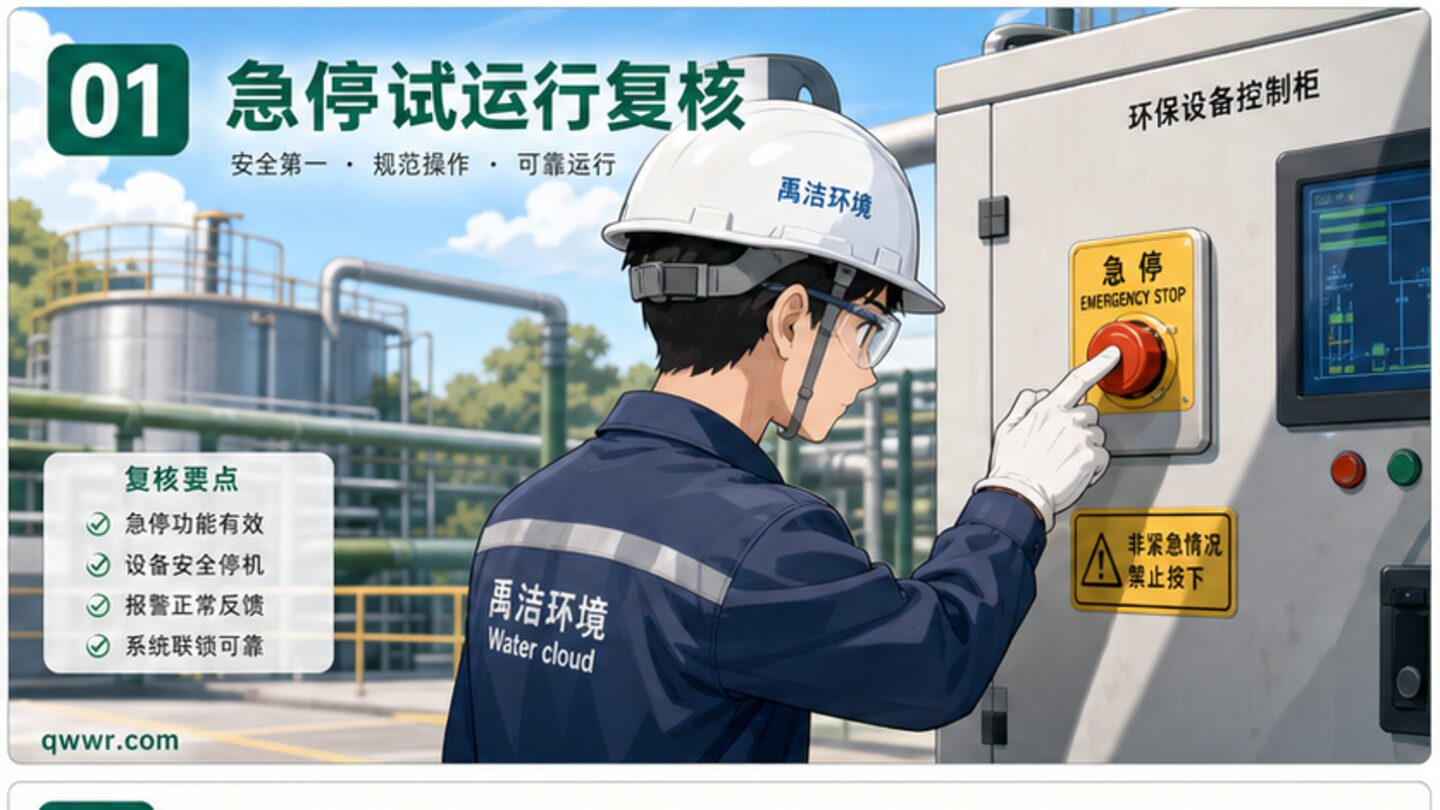 环保设备急停按钮标识与试运行记录示意图