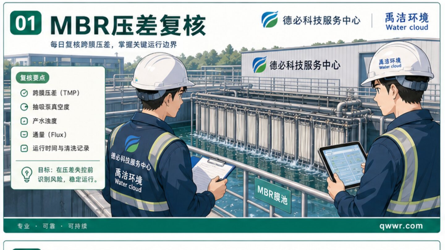 MBR 膜池跨膜压差上升与离线清洗边界判断示意图