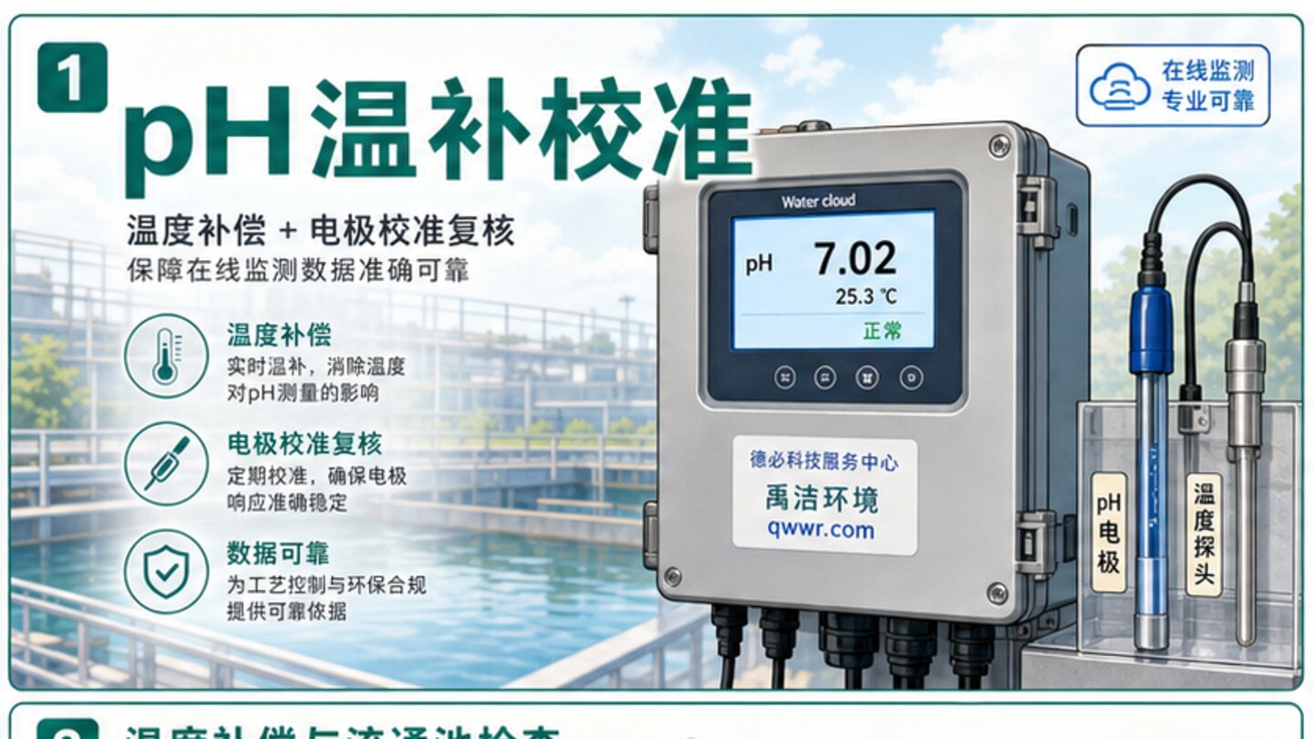 pH 在线仪温度补偿与电极校准复核示意图