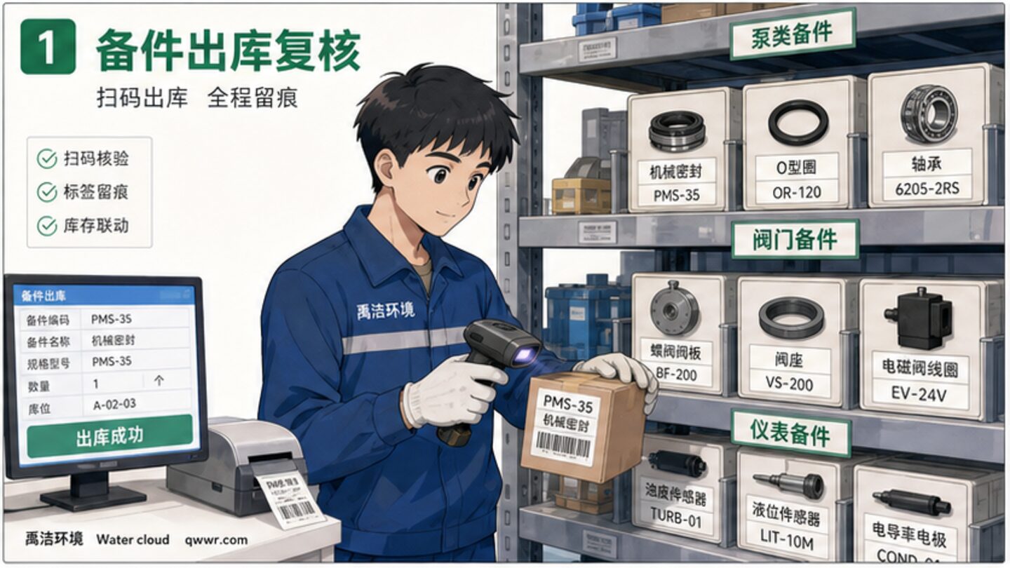 运维备件出库留痕与更换效果复核示意图