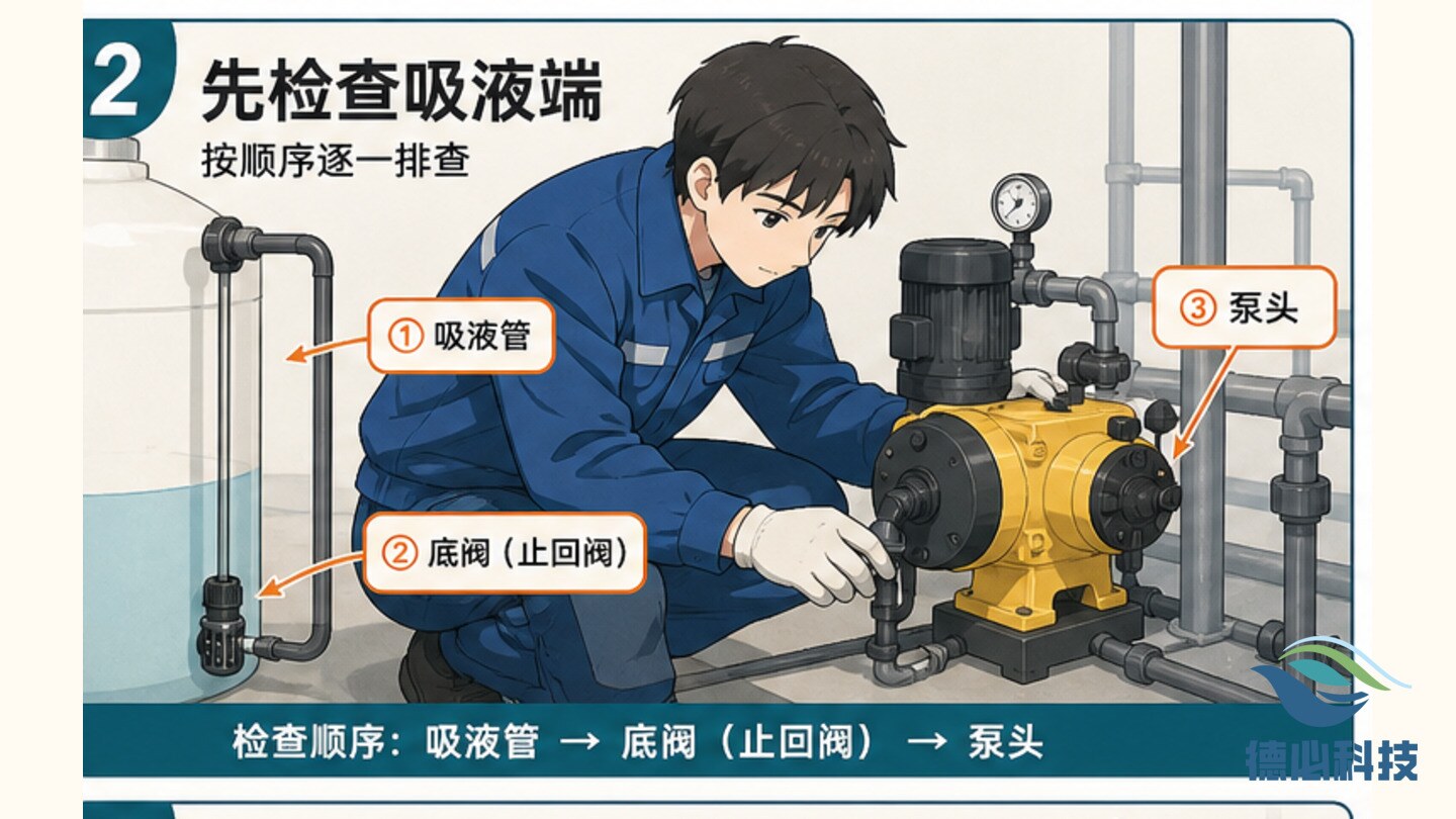 加药桶液位不降，先查吸液端