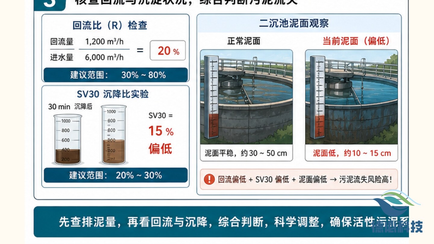 污泥浓度偏低，先查排泥过量