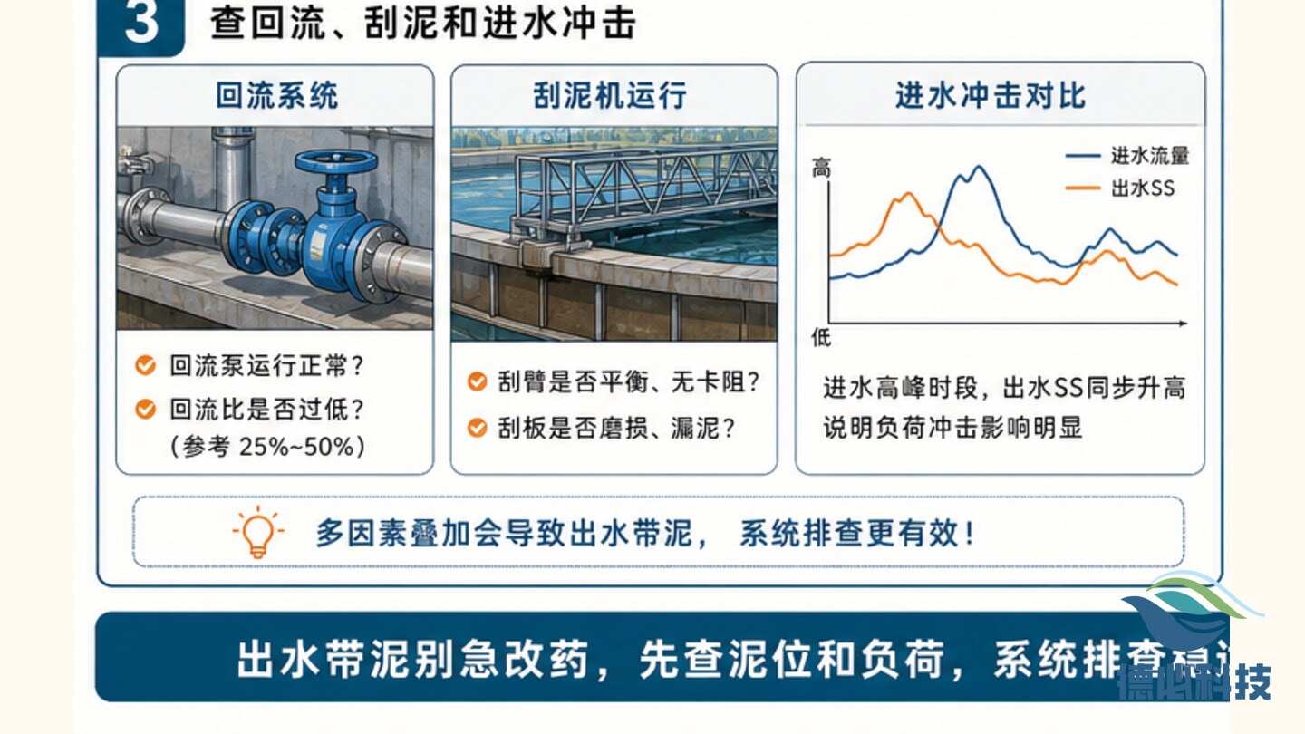 二沉池出水带泥,先查泥位和负荷