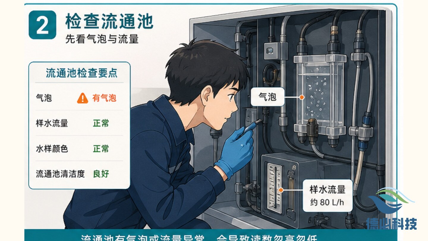 余氯读数忽高忽低,先查流通池