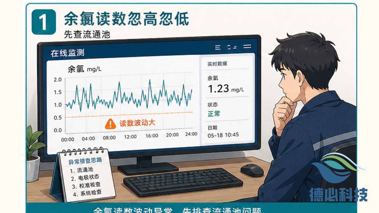 余氯读数忽高忽低,先查流通池