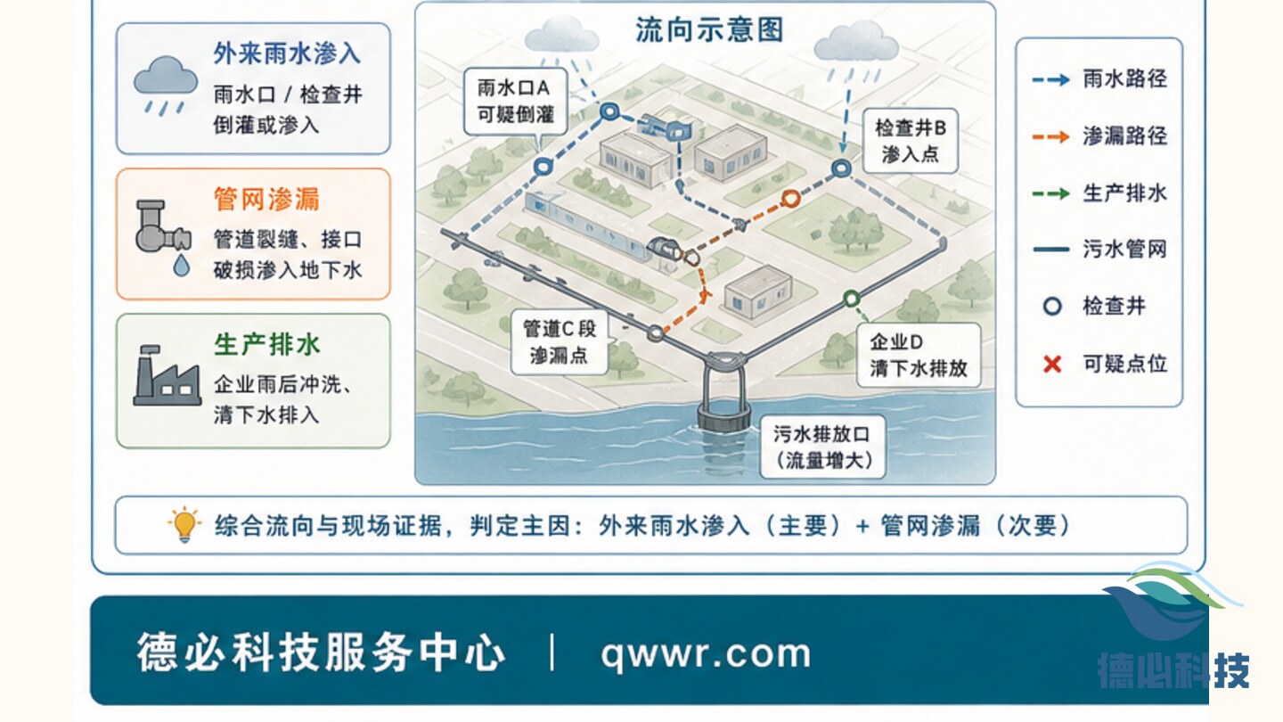 雨后排口流量增大，先分雨污来源