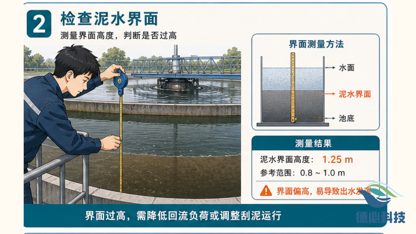 二沉池出水发浑,先查泥水界面