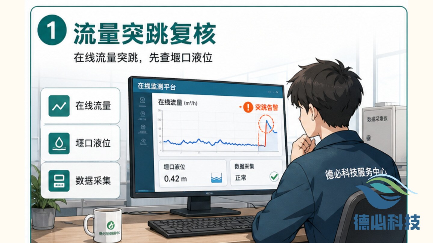 在线流量突跳,先查堰口液位