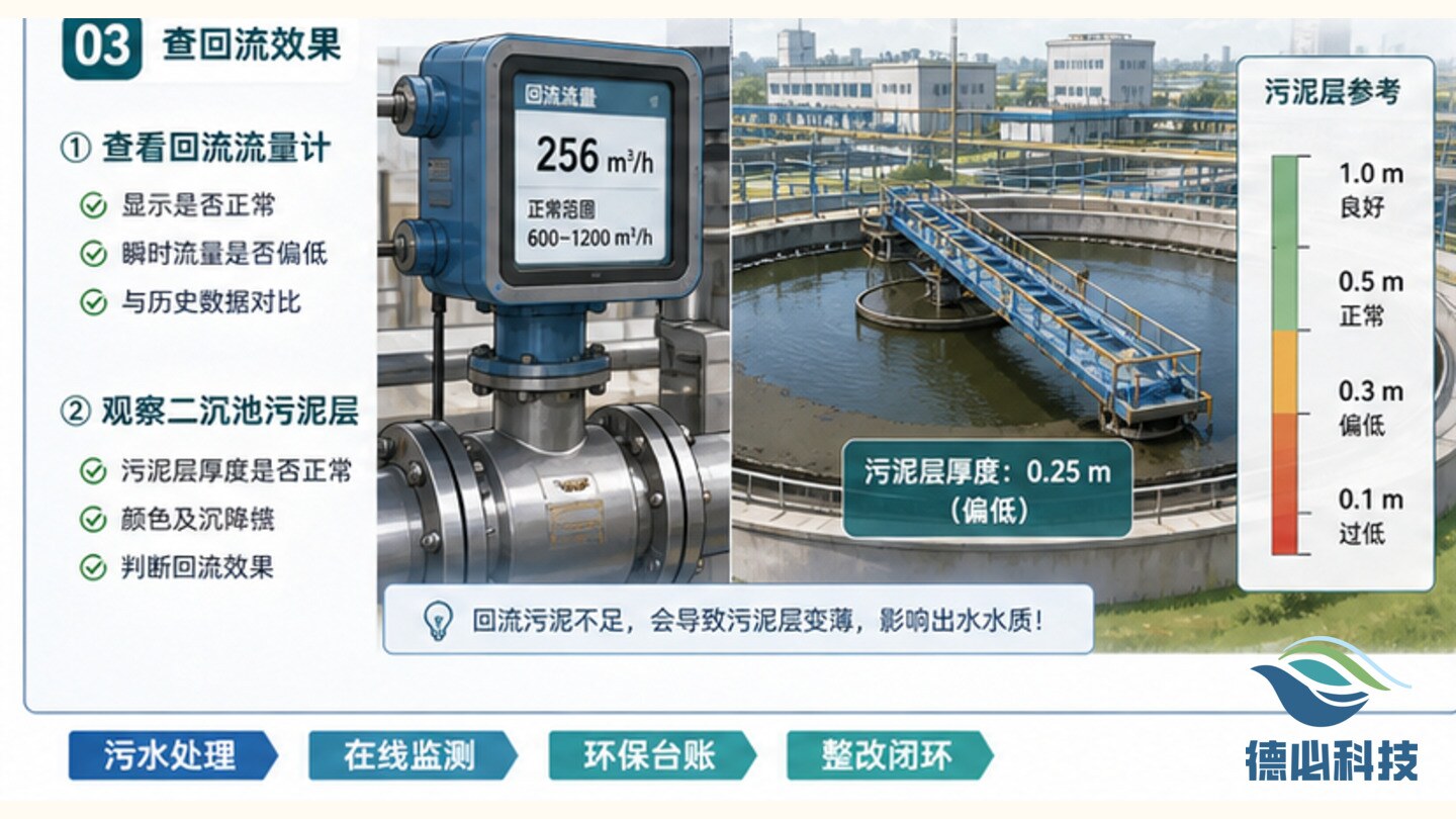 污泥回流偏低，先查泵阀状态
