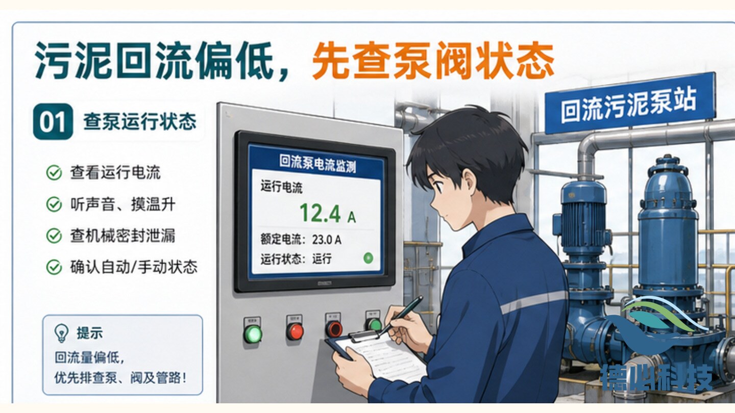 污泥回流偏低，先查泵阀状态