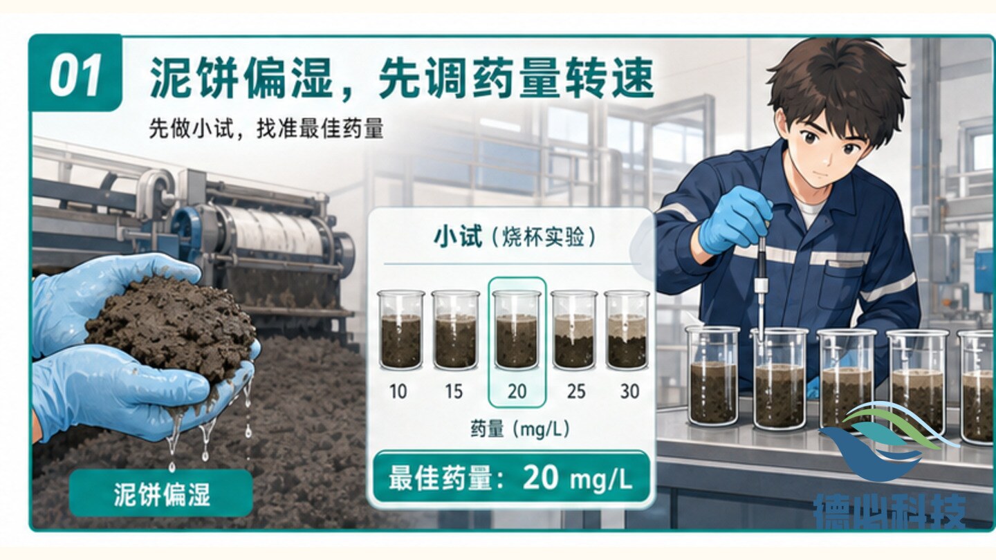 泥饼偏湿,先调药量转速