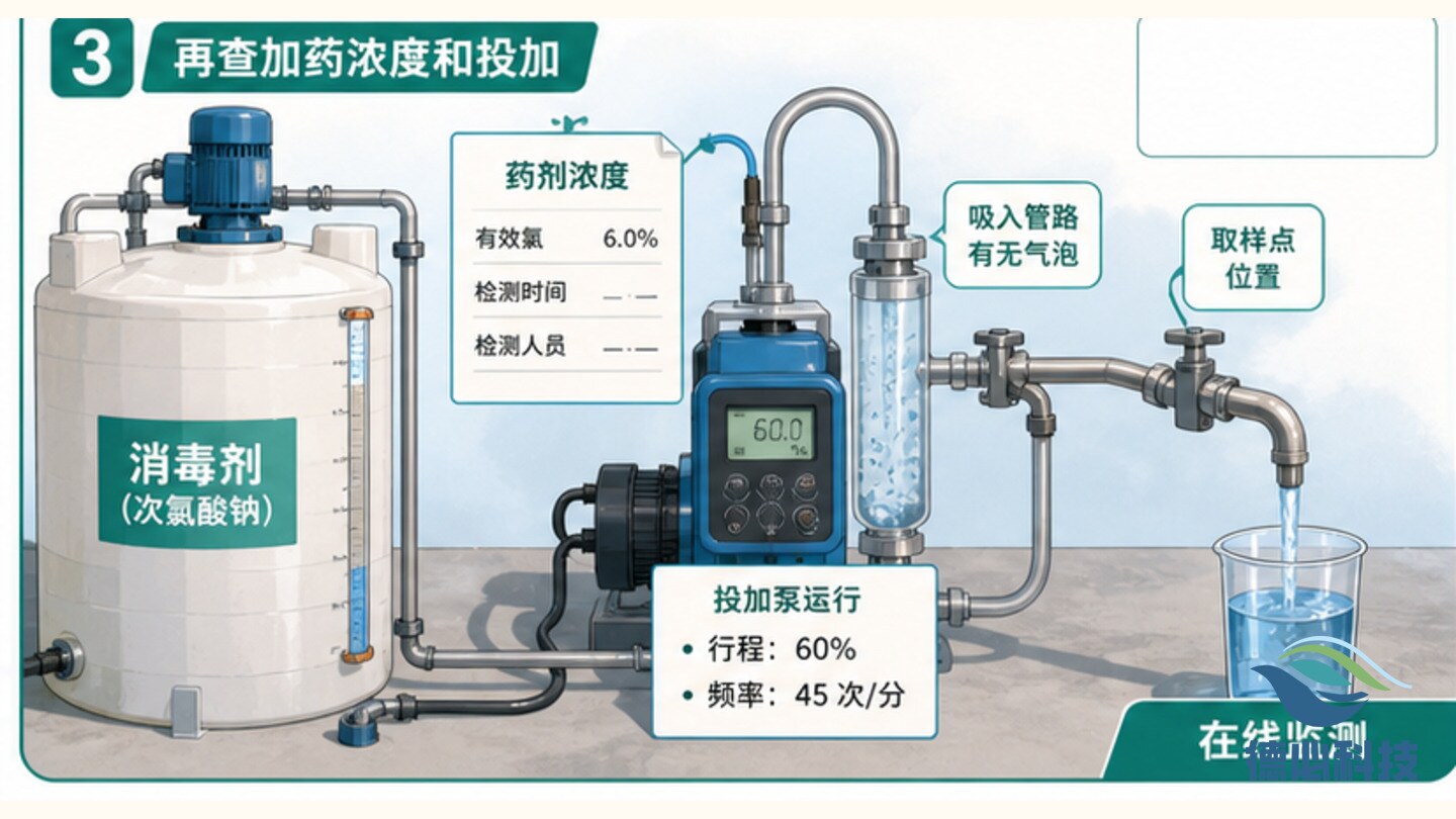 消毒余氯偏低，先查接触时间